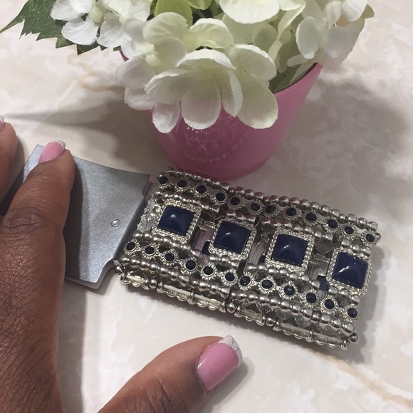 Silver Blue Square Stone Stretch Bracelet - Picture 1 of 6